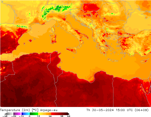 Temperatuurkaart (2m) Arpege-eu do 30.05.2024 15 UTC
