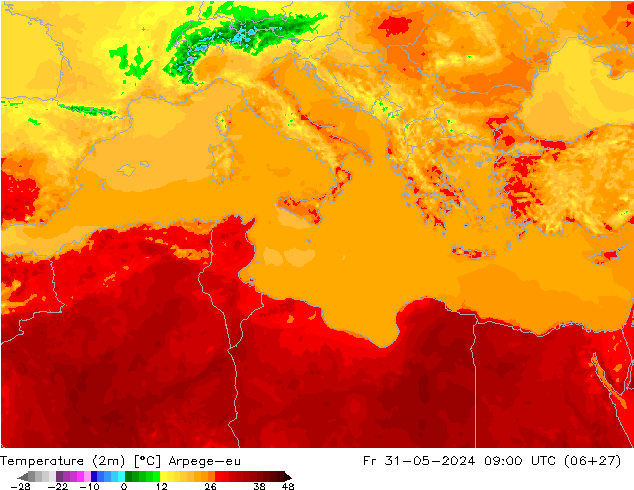 Temperatura (2m) Arpege-eu Sex 31.05.2024 09 UTC