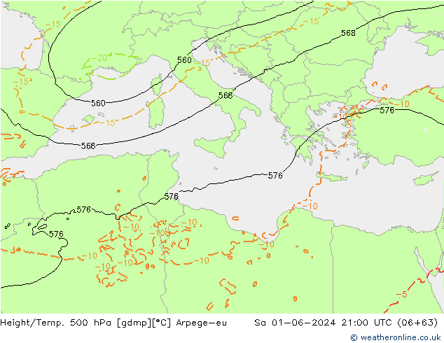 Yükseklik/Sıc. 500 hPa Arpege-eu Cts 01.06.2024 21 UTC
