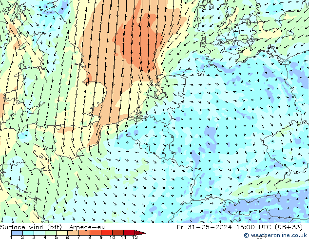 Surface wind (bft) Arpege-eu Fr 31.05.2024 15 UTC