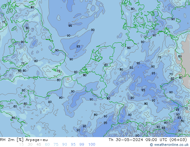 RH 2m Arpege-eu 星期四 30.05.2024 09 UTC