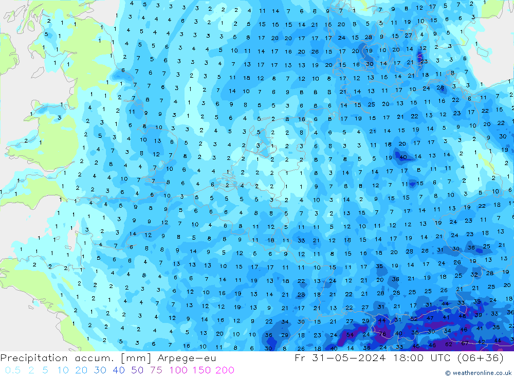 Precipitation accum. Arpege-eu Fr 31.05.2024 18 UTC