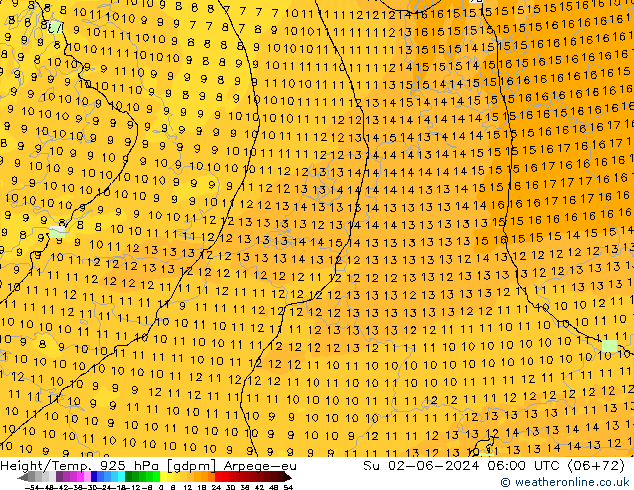 Yükseklik/Sıc. 925 hPa Arpege-eu Paz 02.06.2024 06 UTC