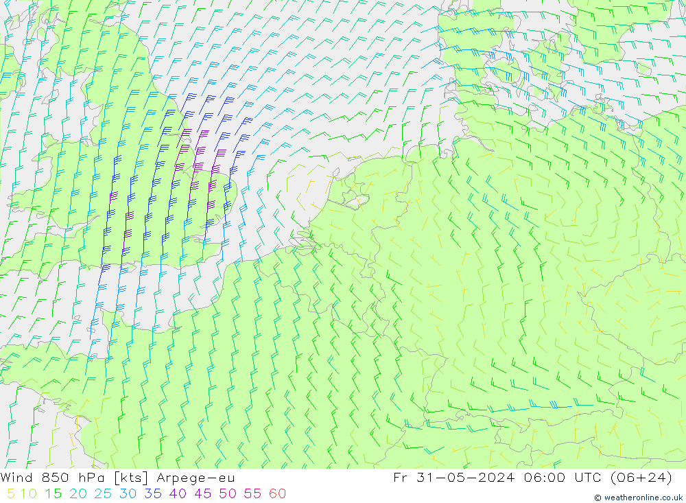 Wind 850 hPa Arpege-eu Fr 31.05.2024 06 UTC