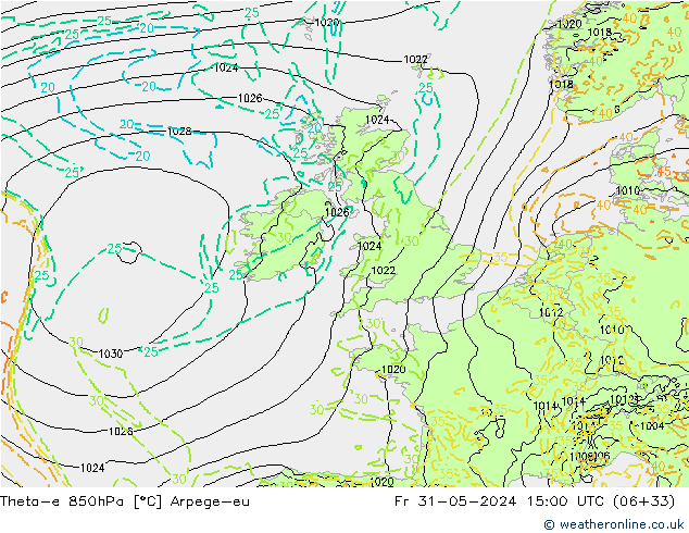 Theta-e 850hPa Arpege-eu Cu 31.05.2024 15 UTC