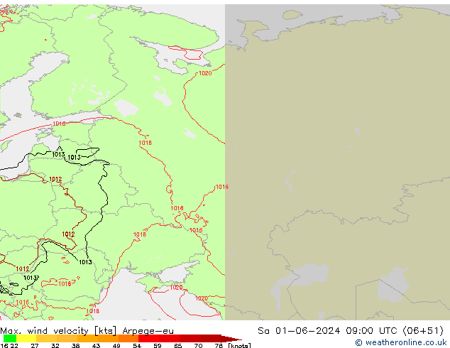 Max. wind velocity Arpege-eu  01.06.2024 09 UTC