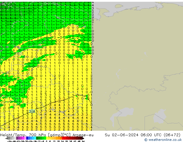 Height/Temp. 700 hPa Arpege-eu Su 02.06.2024 06 UTC