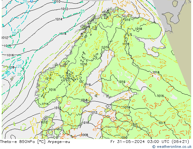 Theta-e 850hPa Arpege-eu Cu 31.05.2024 03 UTC