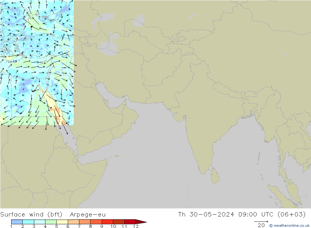Surface wind (bft) Arpege-eu Čt 30.05.2024 09 UTC