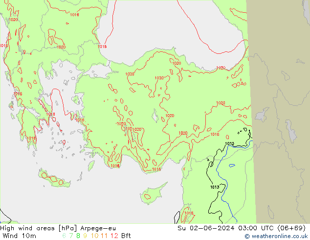 High wind areas Arpege-eu Su 02.06.2024 03 UTC