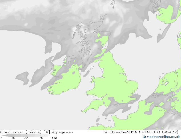 Cloud cover (middle) Arpege-eu Su 02.06.2024 06 UTC