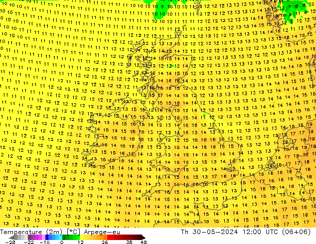 Temperatura (2m) Arpege-eu Qui 30.05.2024 12 UTC