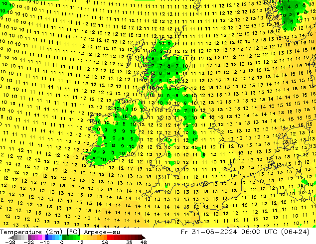 Temperatuurkaart (2m) Arpege-eu vr 31.05.2024 06 UTC