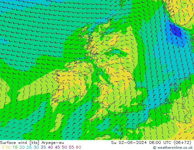 Vent 10 m Arpege-eu dim 02.06.2024 06 UTC