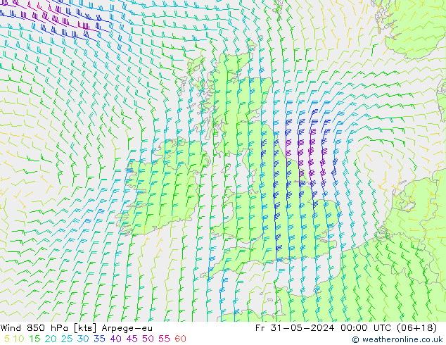 Wind 850 hPa Arpege-eu Pá 31.05.2024 00 UTC