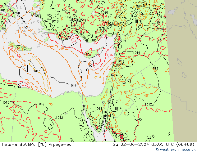 Theta-e 850hPa Arpege-eu Su 02.06.2024 03 UTC