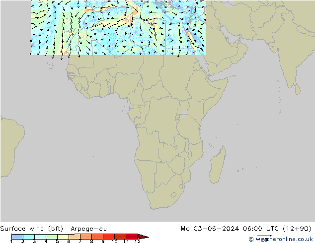 Vento 10 m (bft) Arpege-eu Seg 03.06.2024 06 UTC