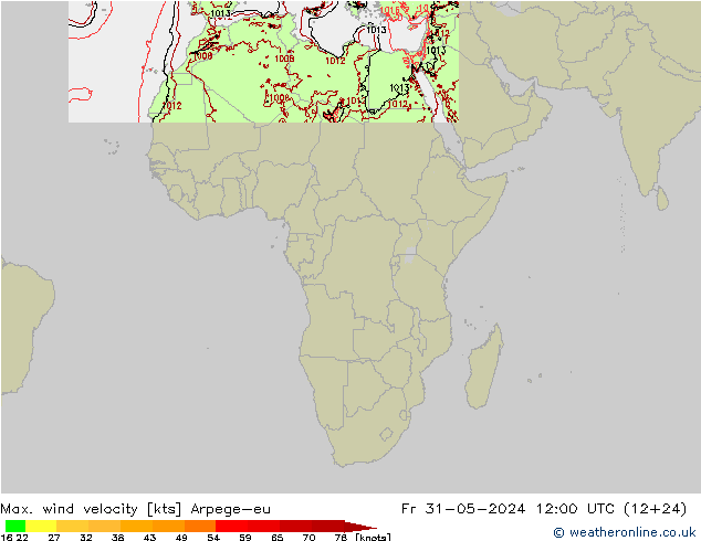 Max. wind velocity Arpege-eu Pá 31.05.2024 12 UTC