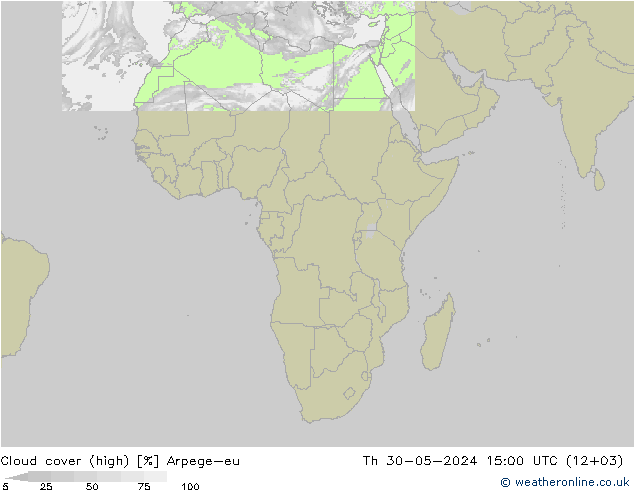 Cloud cover (high) Arpege-eu Th 30.05.2024 15 UTC