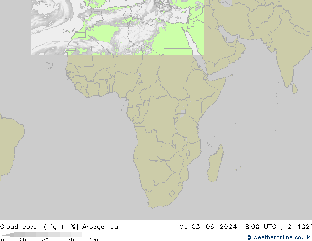 Cloud cover (high) Arpege-eu Mo 03.06.2024 18 UTC