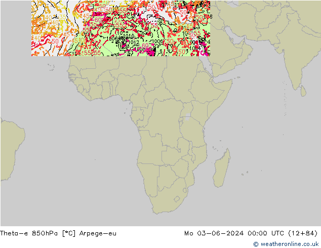 Theta-e 850hPa Arpege-eu Mo 03.06.2024 00 UTC