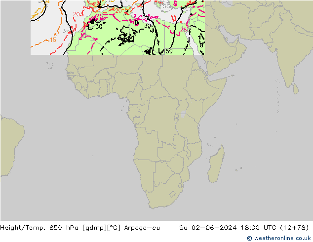 Height/Temp. 850 hPa Arpege-eu Su 02.06.2024 18 UTC