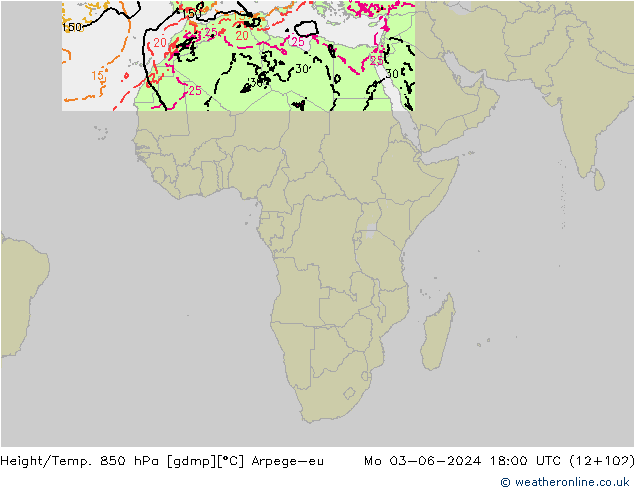 Yükseklik/Sıc. 850 hPa Arpege-eu Pzt 03.06.2024 18 UTC