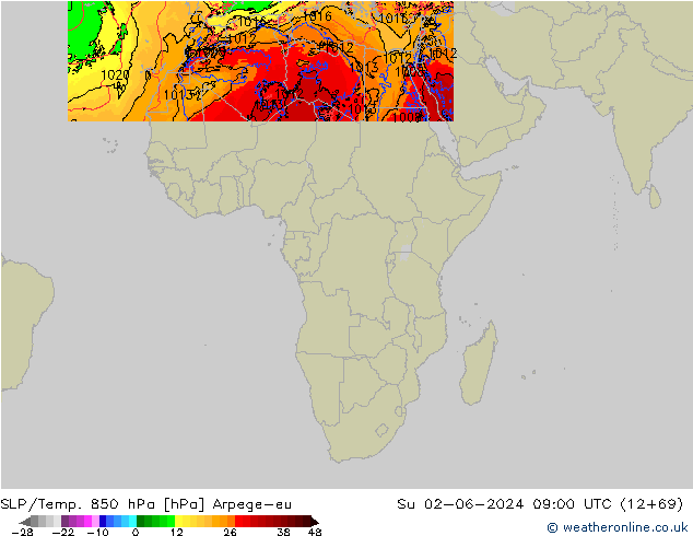 SLP/Temp. 850 hPa Arpege-eu Su 02.06.2024 09 UTC