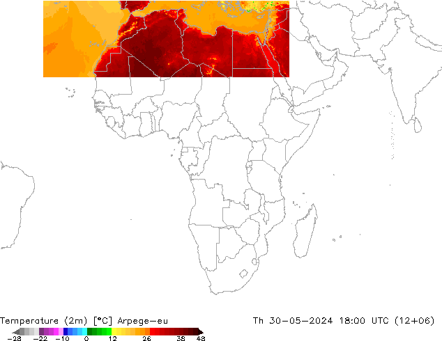 Temperature (2m) Arpege-eu Čt 30.05.2024 18 UTC