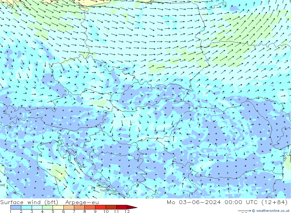 Viento 10 m (bft) Arpege-eu lun 03.06.2024 00 UTC