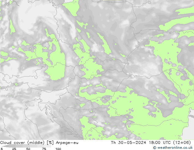 Cloud cover (middle) Arpege-eu Th 30.05.2024 18 UTC