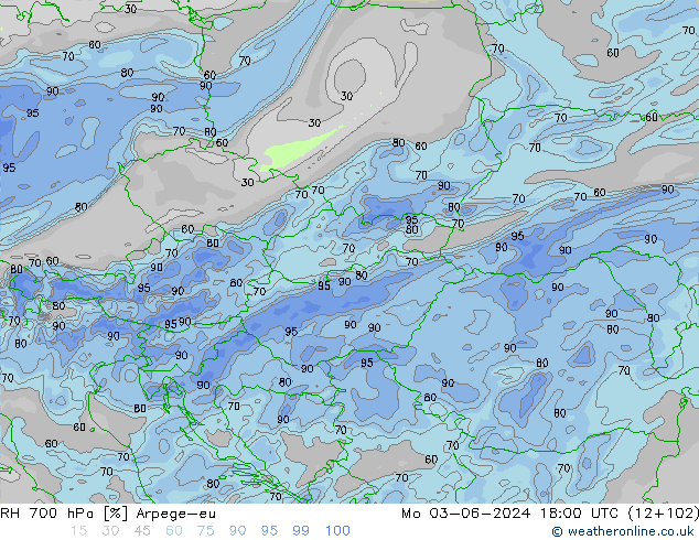 RH 700 hPa Arpege-eu Po 03.06.2024 18 UTC