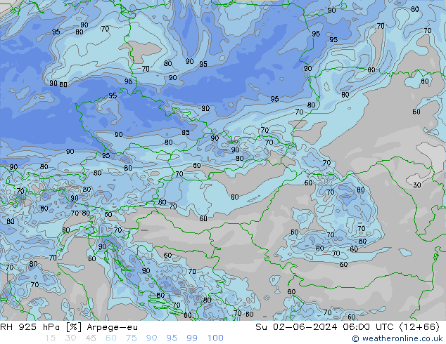 RH 925 hPa Arpege-eu Su 02.06.2024 06 UTC