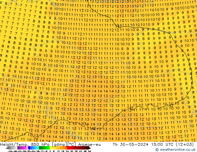 Hoogte/Temp. 850 hPa Arpege-eu do 30.05.2024 15 UTC