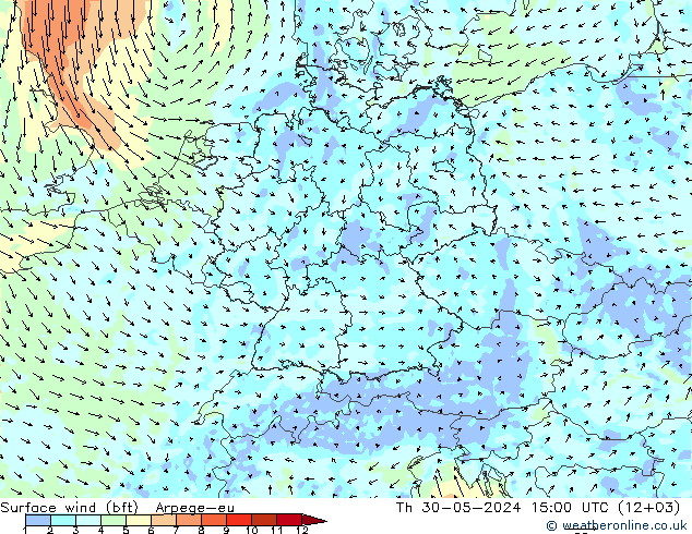 Surface wind (bft) Arpege-eu Th 30.05.2024 15 UTC