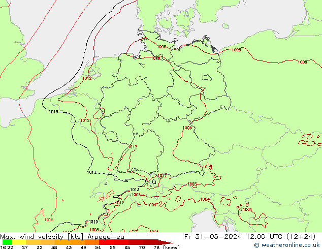 Max. wind snelheid Arpege-eu vr 31.05.2024 12 UTC