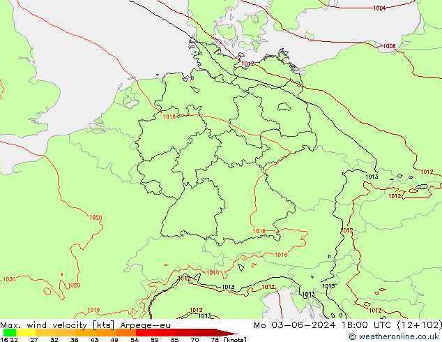 Max. wind velocity Arpege-eu Mo 03.06.2024 18 UTC