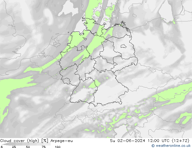 Cloud cover (high) Arpege-eu Su 02.06.2024 12 UTC