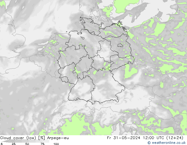 Cloud cover (low) Arpege-eu Fr 31.05.2024 12 UTC