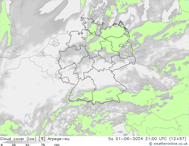 Cloud cover (low) Arpege-eu Sa 01.06.2024 21 UTC