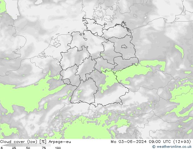Cloud cover (low) Arpege-eu Mo 03.06.2024 09 UTC