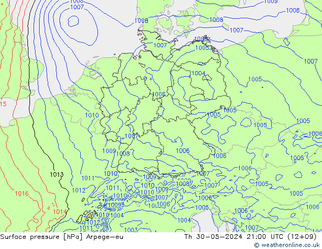 Pressione al suolo Arpege-eu gio 30.05.2024 21 UTC