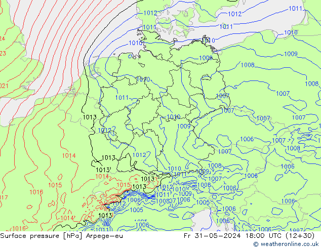 Pressione al suolo Arpege-eu ven 31.05.2024 18 UTC