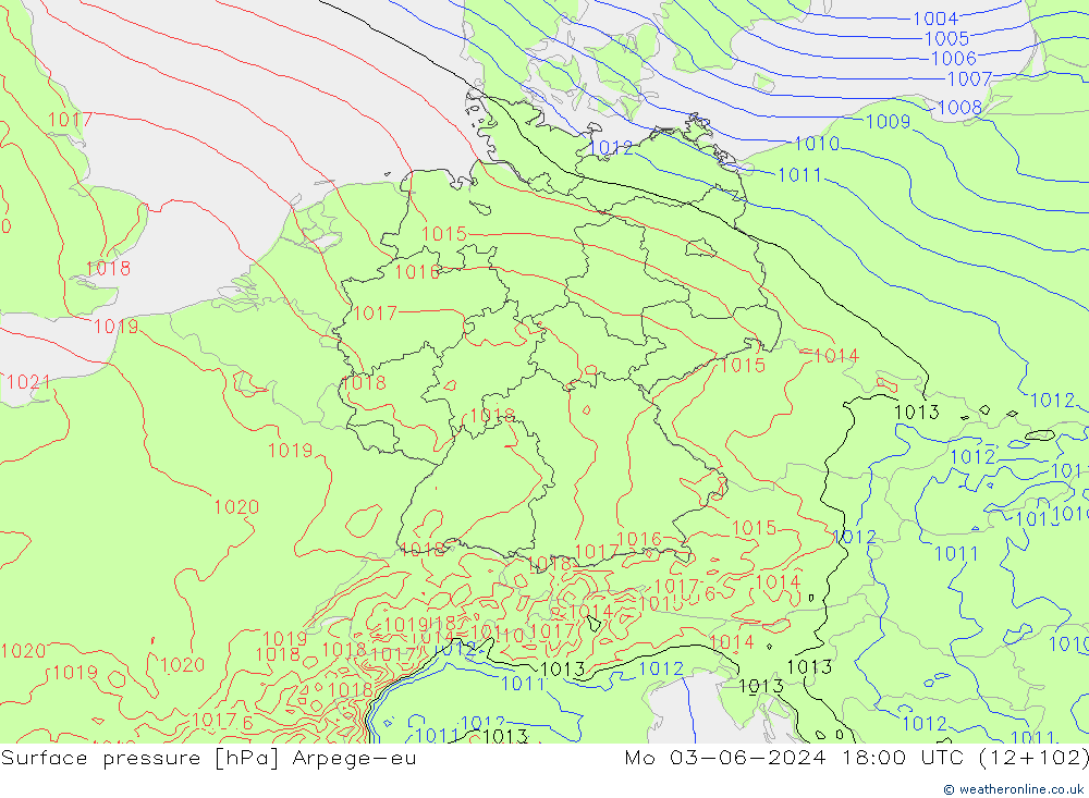 Surface pressure Arpege-eu Mo 03.06.2024 18 UTC