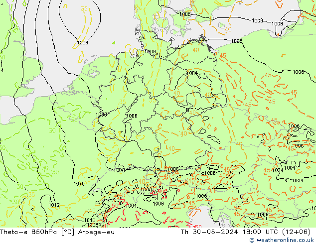 Theta-e 850hPa Arpege-eu Qui 30.05.2024 18 UTC