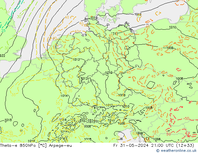 Theta-e 850hPa Arpege-eu Pá 31.05.2024 21 UTC