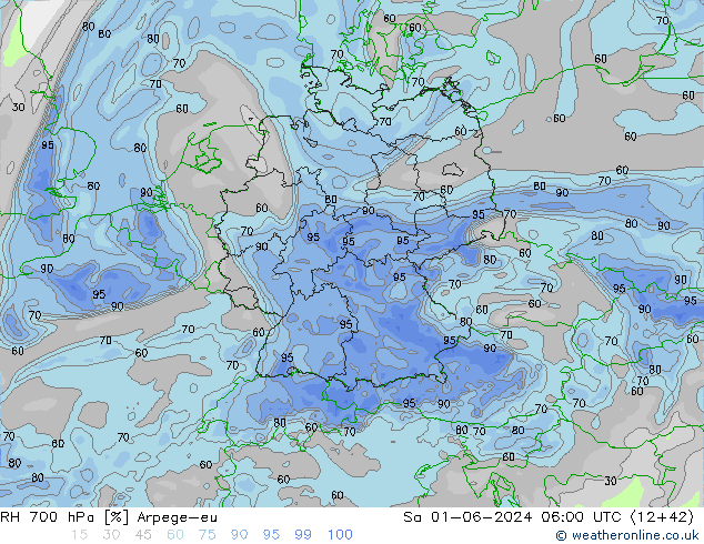 RH 700 hPa Arpege-eu sab 01.06.2024 06 UTC