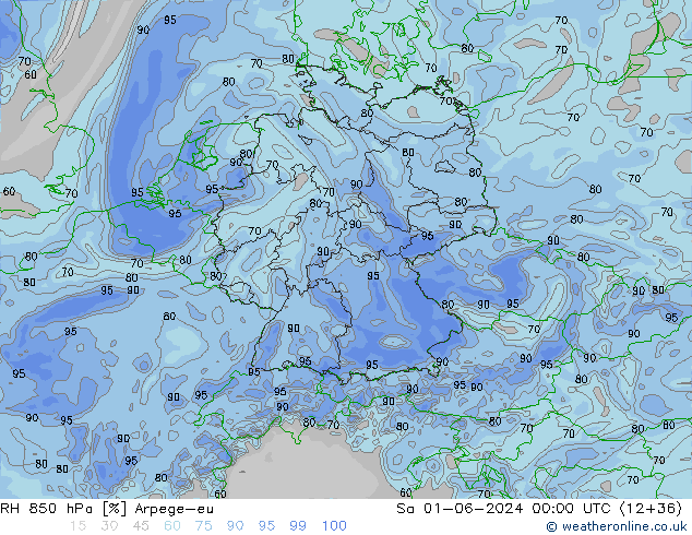 RH 850 hPa Arpege-eu Sáb 01.06.2024 00 UTC