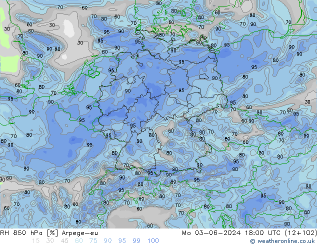 RH 850 гПа Arpege-eu пн 03.06.2024 18 UTC