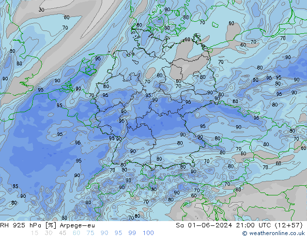 RH 925 hPa Arpege-eu So 01.06.2024 21 UTC